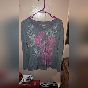 Hanes Gray and Pink Floral Long Sleeve Top